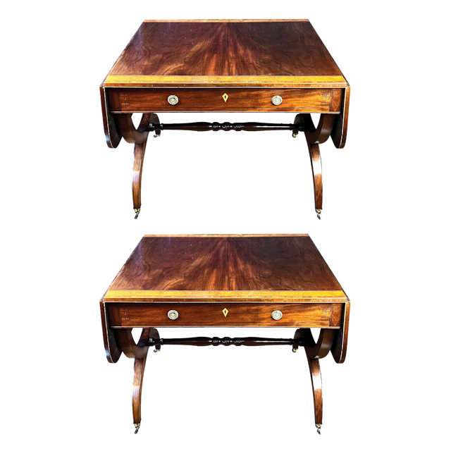 Fine pair Regency mahogany & satinwood-inlaid sofa tables