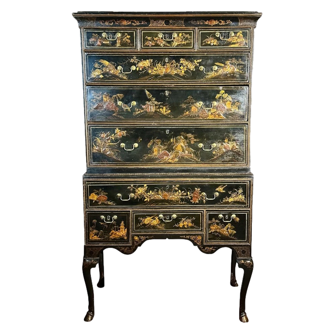 Rare Queen Anne chinoiserie japanned chest on stand