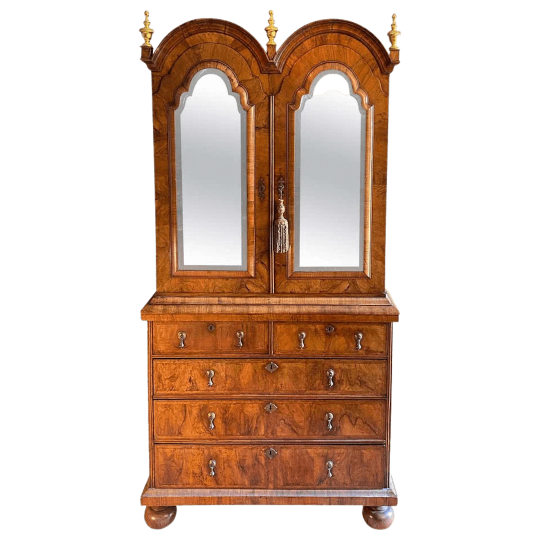Queen Anne walnut double dome bookcase cabinet