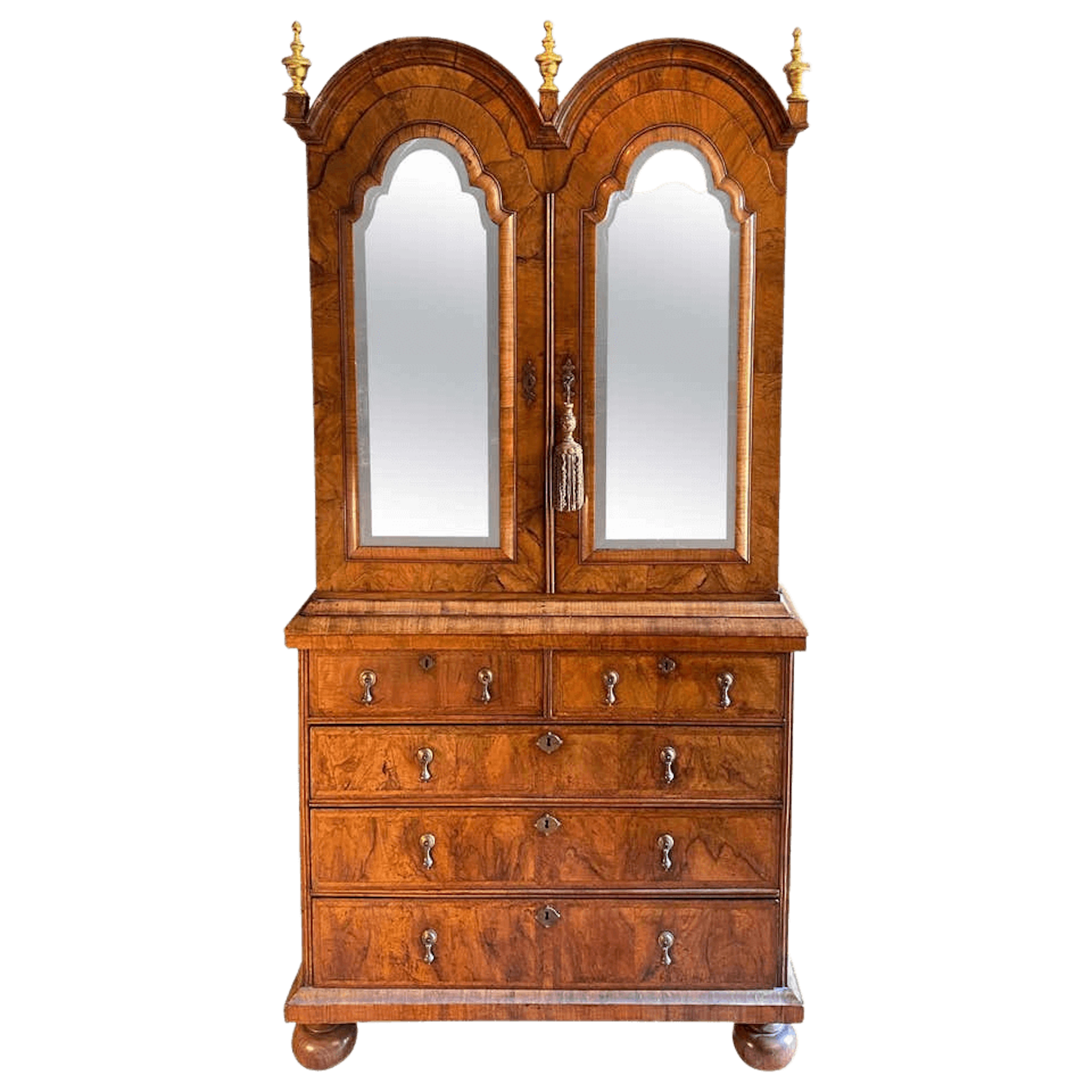 Queen Anne walnut double dome bookcase cabinet