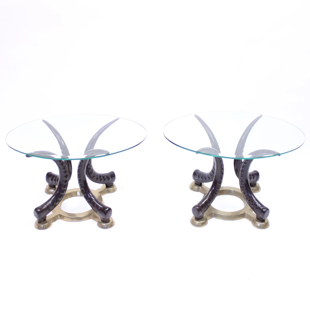 Pair of vintage brass and faux tusks side or coffee tables, ca 1980