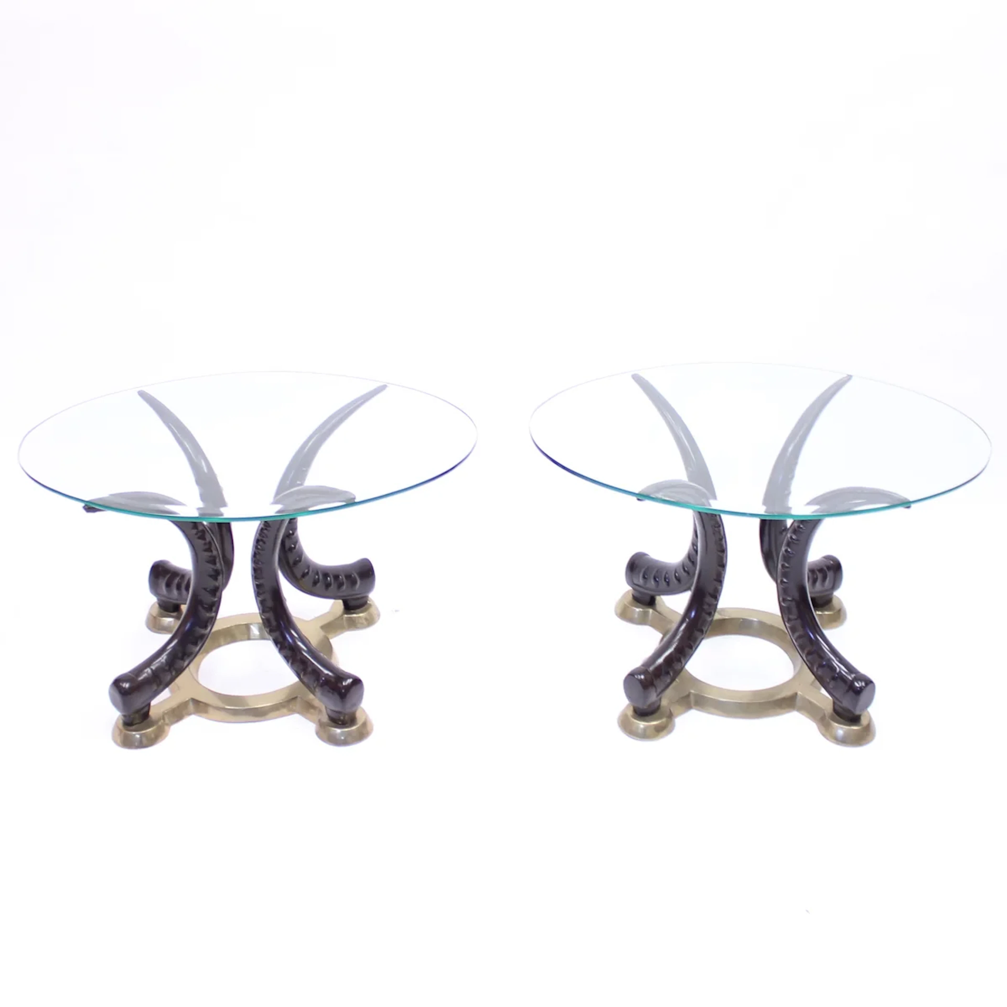 Pair of vintage brass and faux tusks side or coffee tables, ca 1980