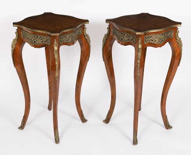 Vintage Pair French Louis Revival Ormolu Mounted Occasional Tables 20th C