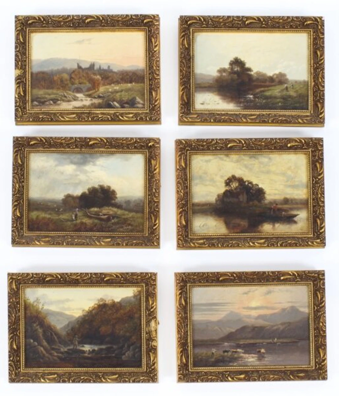 Antique Set of Six River Landscapes Paintngs 19th Century
