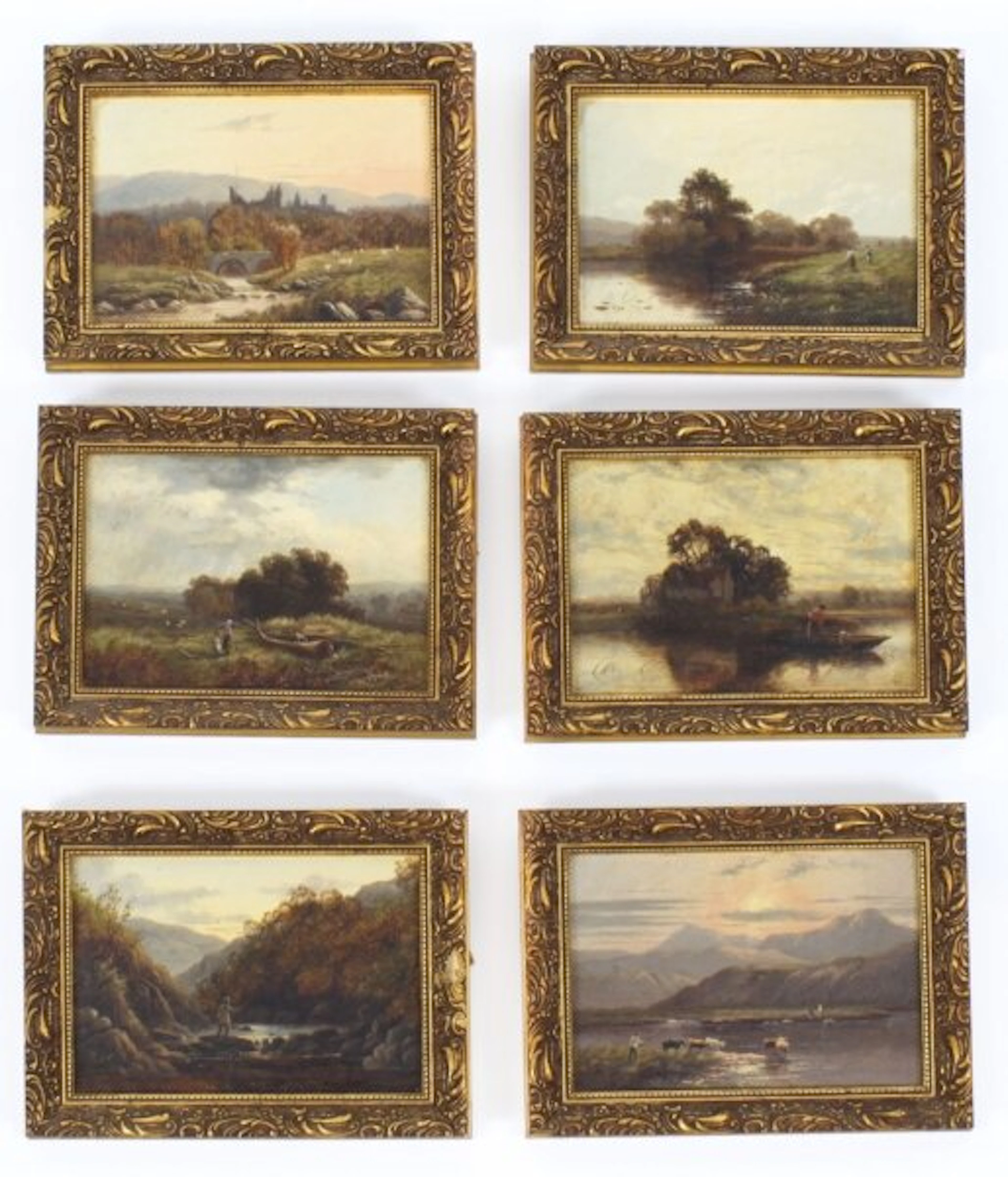 Antique Set of Six River Landscapes Paintngs 19th Century