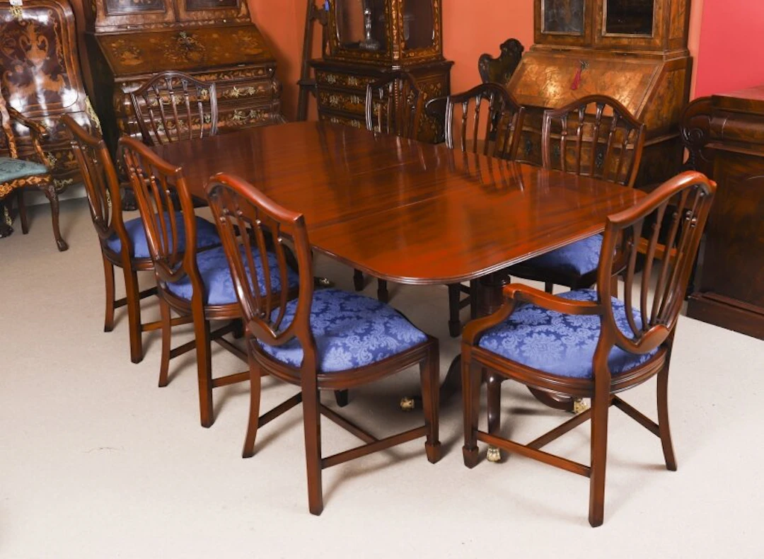 Antique George III Regency Dining Table Circa 1820 with 8 Hepplewhite Chairs