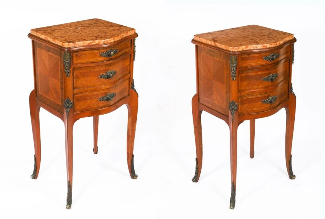 Antique Pair French Louis XV Parquetry Bombe Bedside Cabinets Chests 19th C