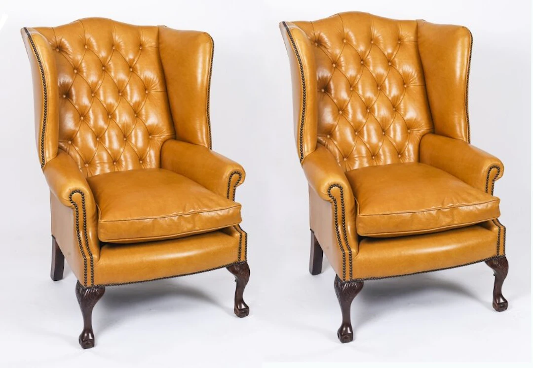 Bespoke Leather Pair Chippendale Wingback Armchairs Saddle