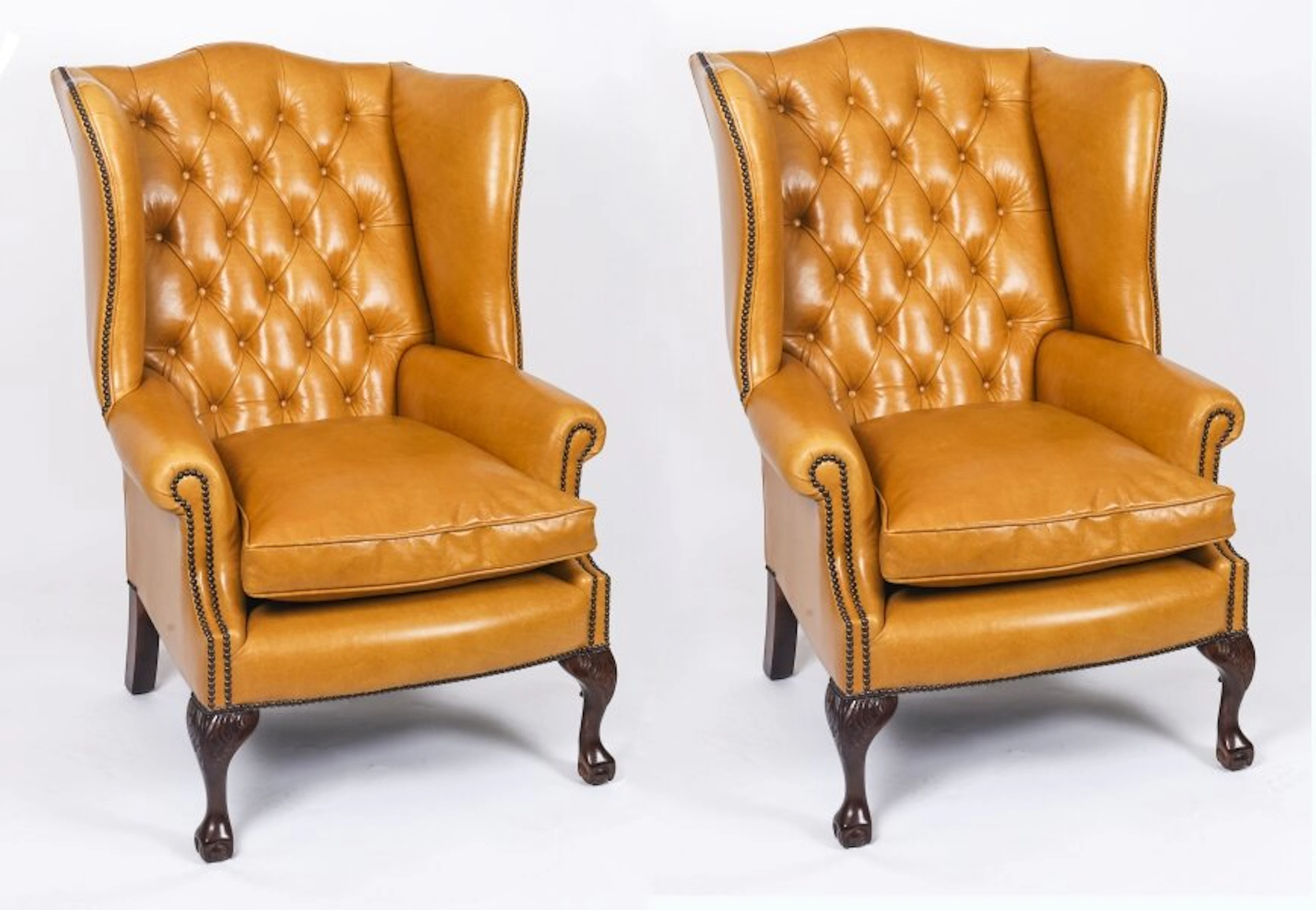 Bespoke Leather Pair Chippendale Wingback Armchairs Saddle