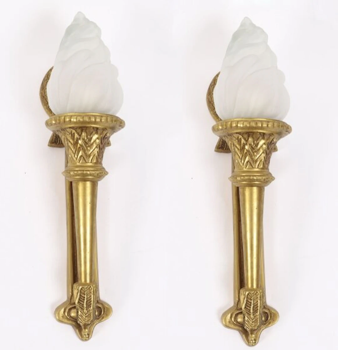 Antique Pair Neo-Classical Ormolu & Glass Flaming Torch Wall lights c.1920