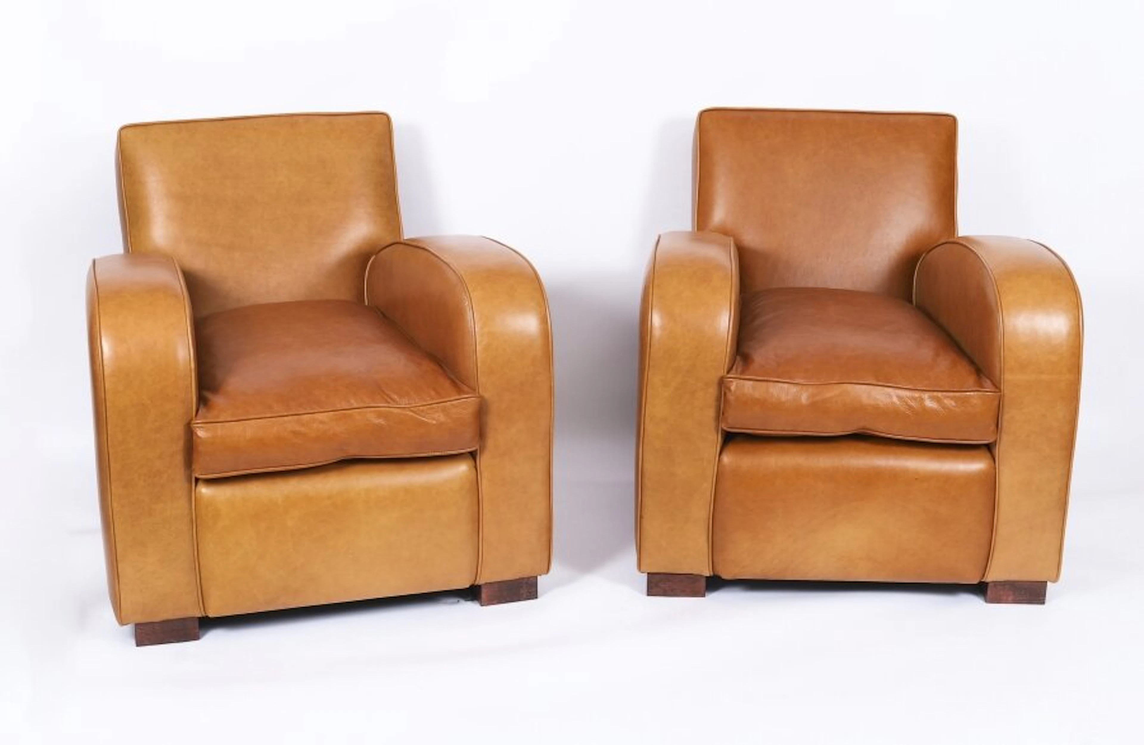 Bespoke Pair English Handmade Art Deco Leather Arm Chairs Bruciato