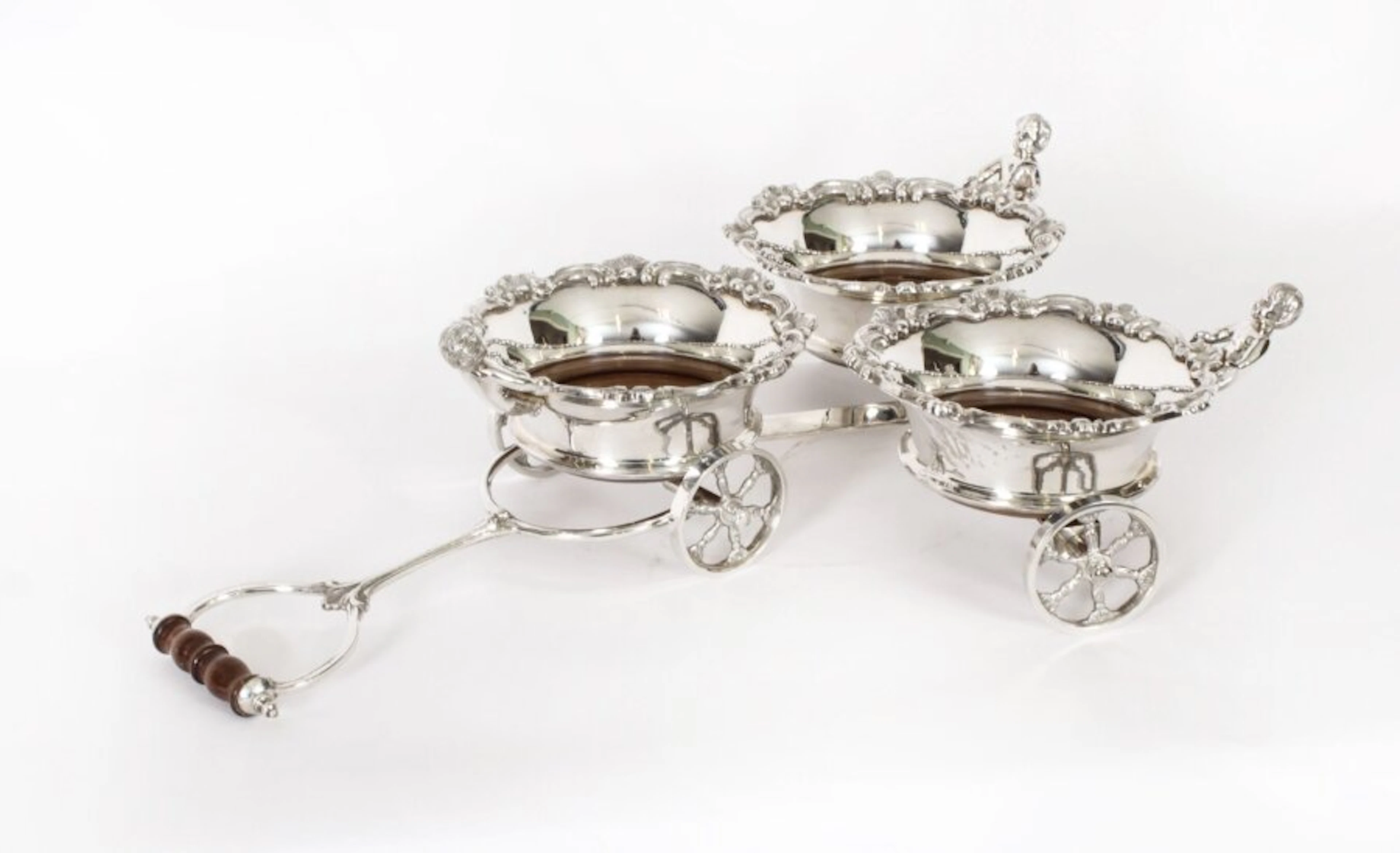 Antique English Silver Plated Triple Drinks Cart Coaster 20th C