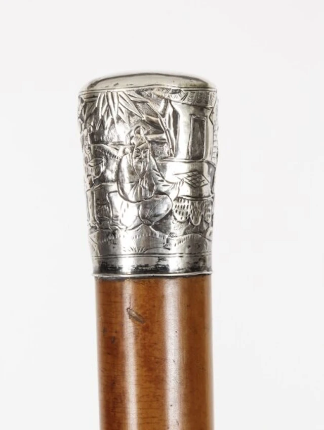 Antique Chinese Silver & Malacca Walking Stick Cane 19th C 92cm/36inches