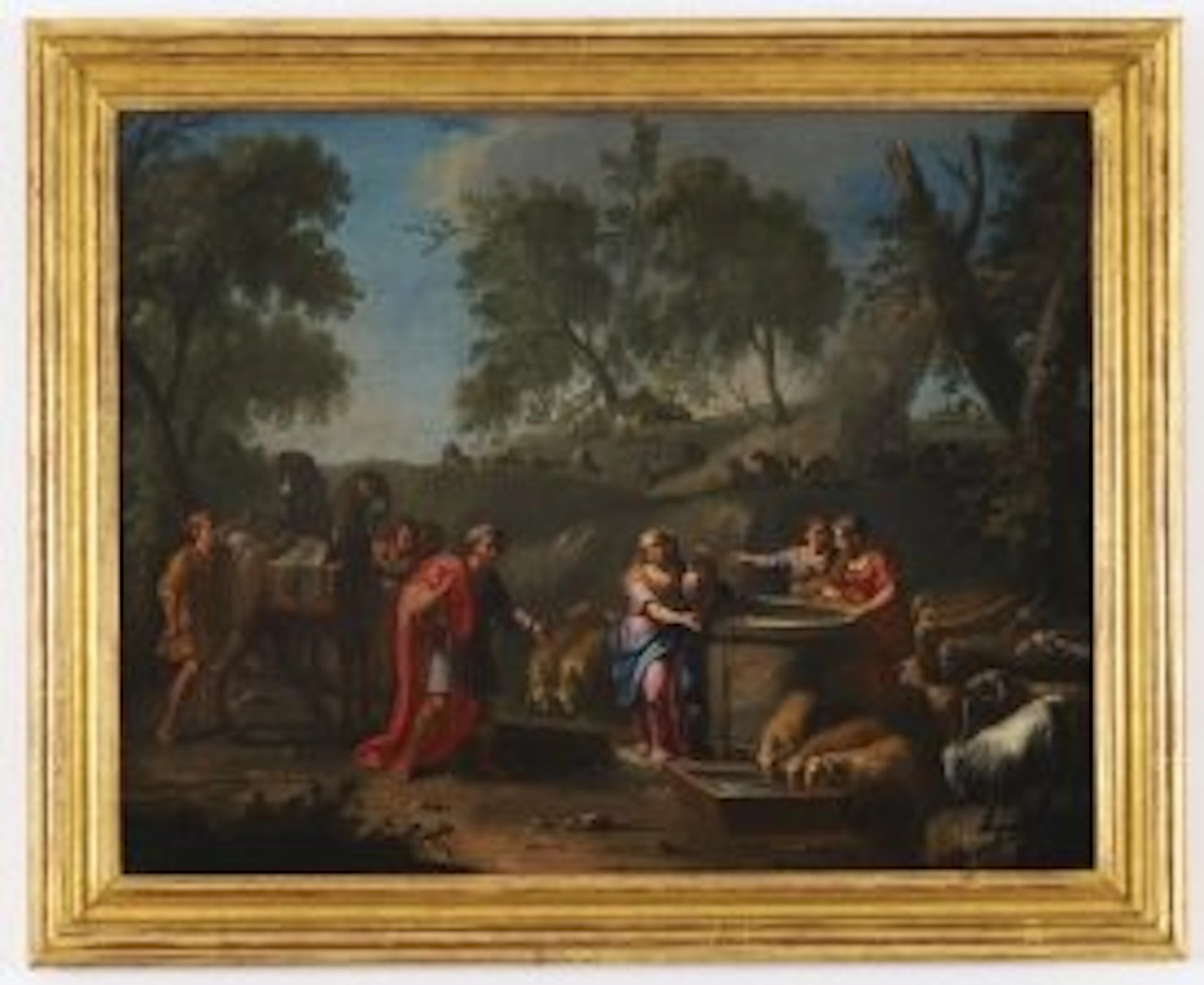 Antique Italian Oil on Board Painting Jacob and Rachel at the Well 17th Century
