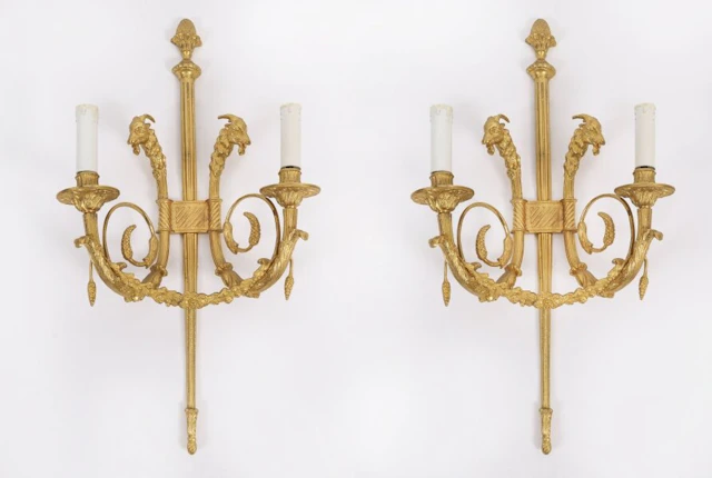 Antique Pair French Neo-classical Ormolu Wall Lights Appliques 19th century