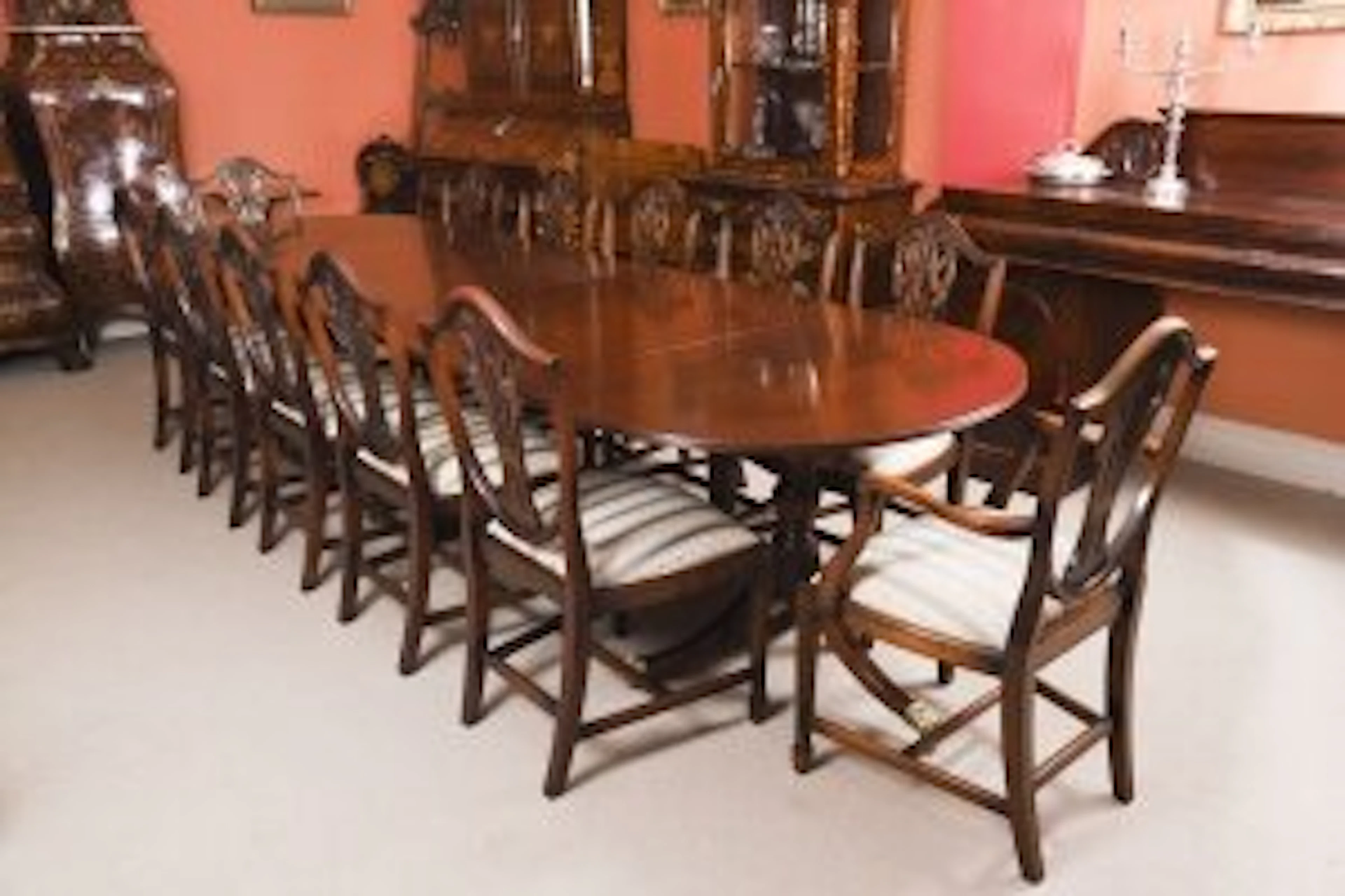 Antique 11ft Regency Revival 3 Pillar Dining Table C1900 &12 Shield Back chairs