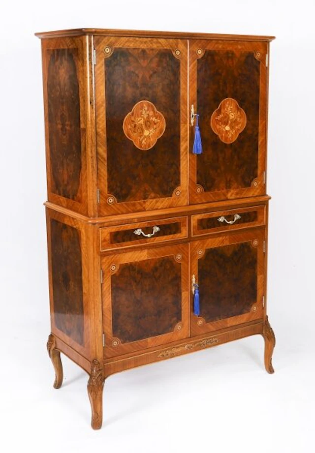 Antique Art Deco Walnut Marquetry Cocktail Cabinet Dry Bar by Epstein C 1930
