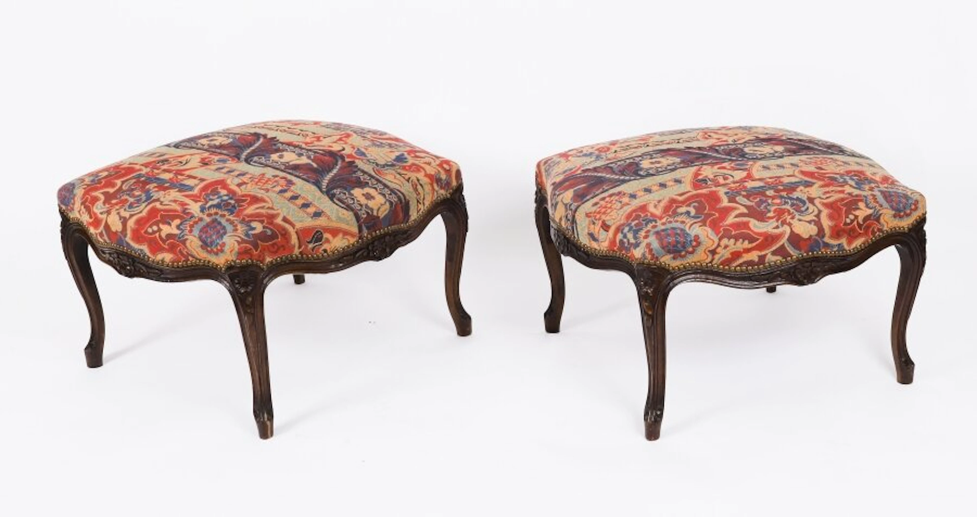 Antique Pair Large French Louis XIV Revival Walnut Stools Circa 1880 19th C