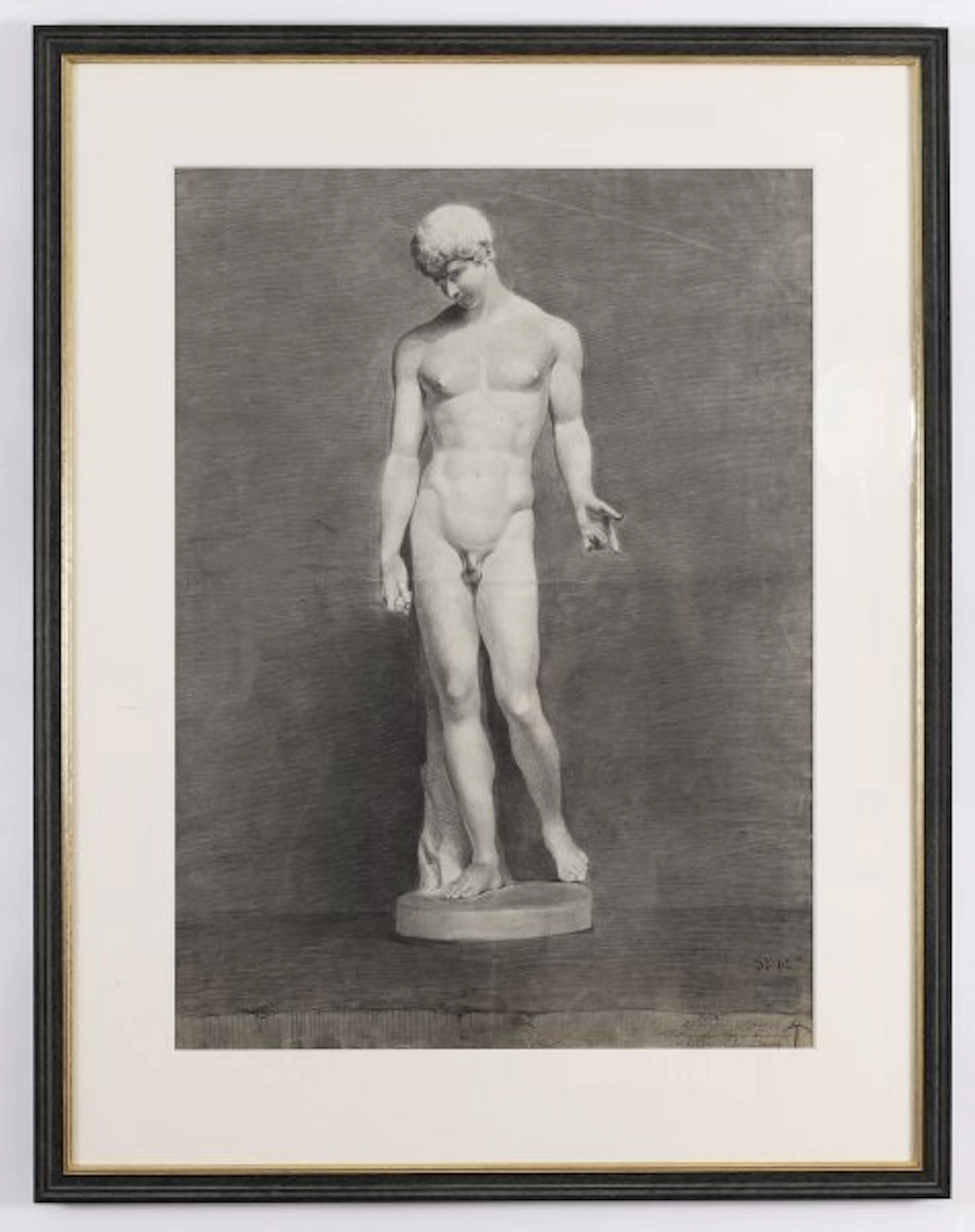 Antique Large Framed Drawing The Capitoline Antinous Dated 1836