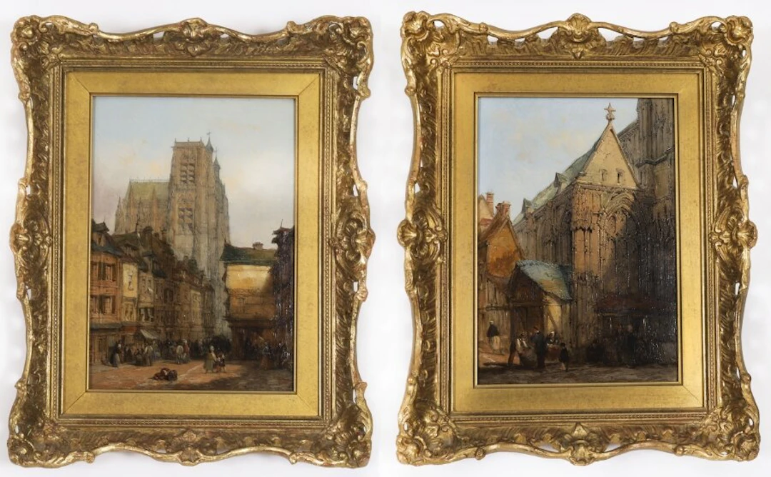 Antique Pair Architectural Views Oil Paintings Lewis J Wood Early