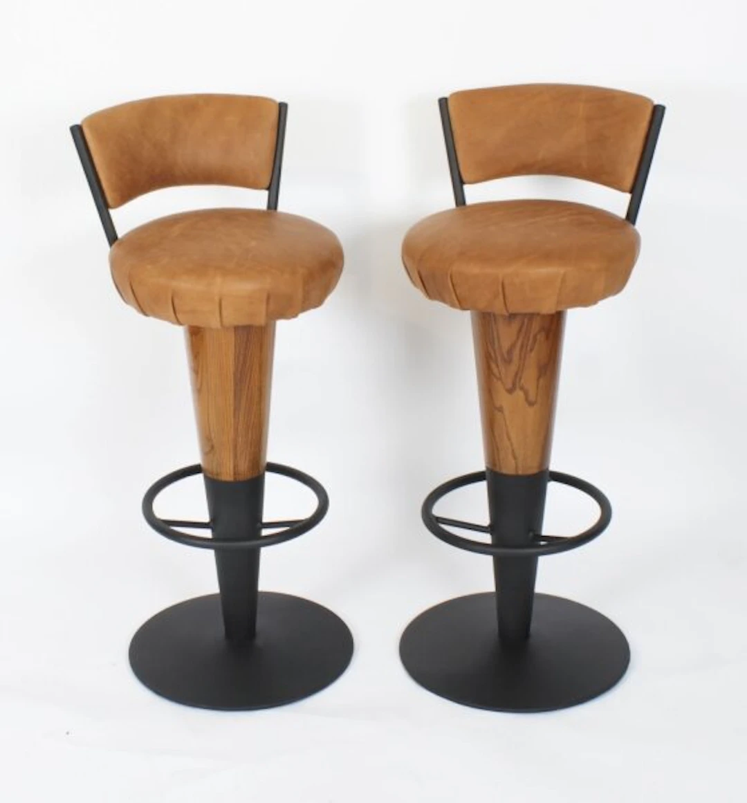 Antique Pair Walnut and Tan Leather Art Deco Bar Stools 20th Century
