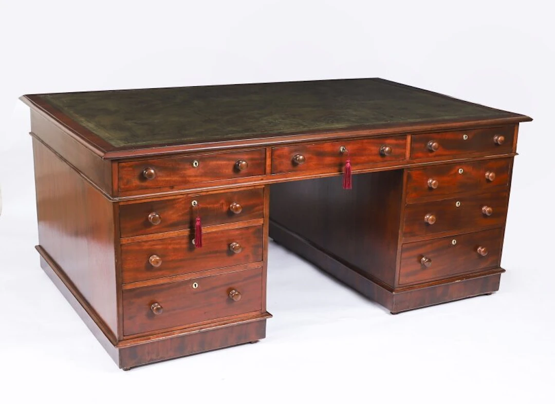 Antique Victorian Flame Mahogany Partners Pedestal Desk c.1860 19th C