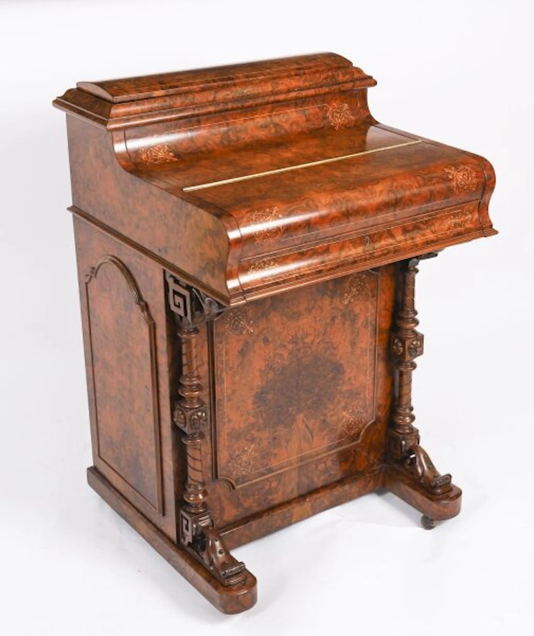 Antique Victorian Burr Walnut & Inlaid Pop Up Davenport Desk 19th C