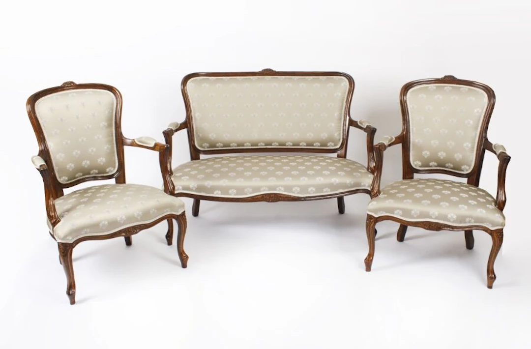 Bespoke Louis Reviva Walnut Pair Armchairs & Sofa Suite