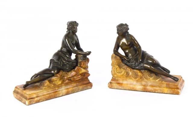 Antique Pair Bronze Semi-Nude Classical Ladies Sculptures / Bookends 19th Cent