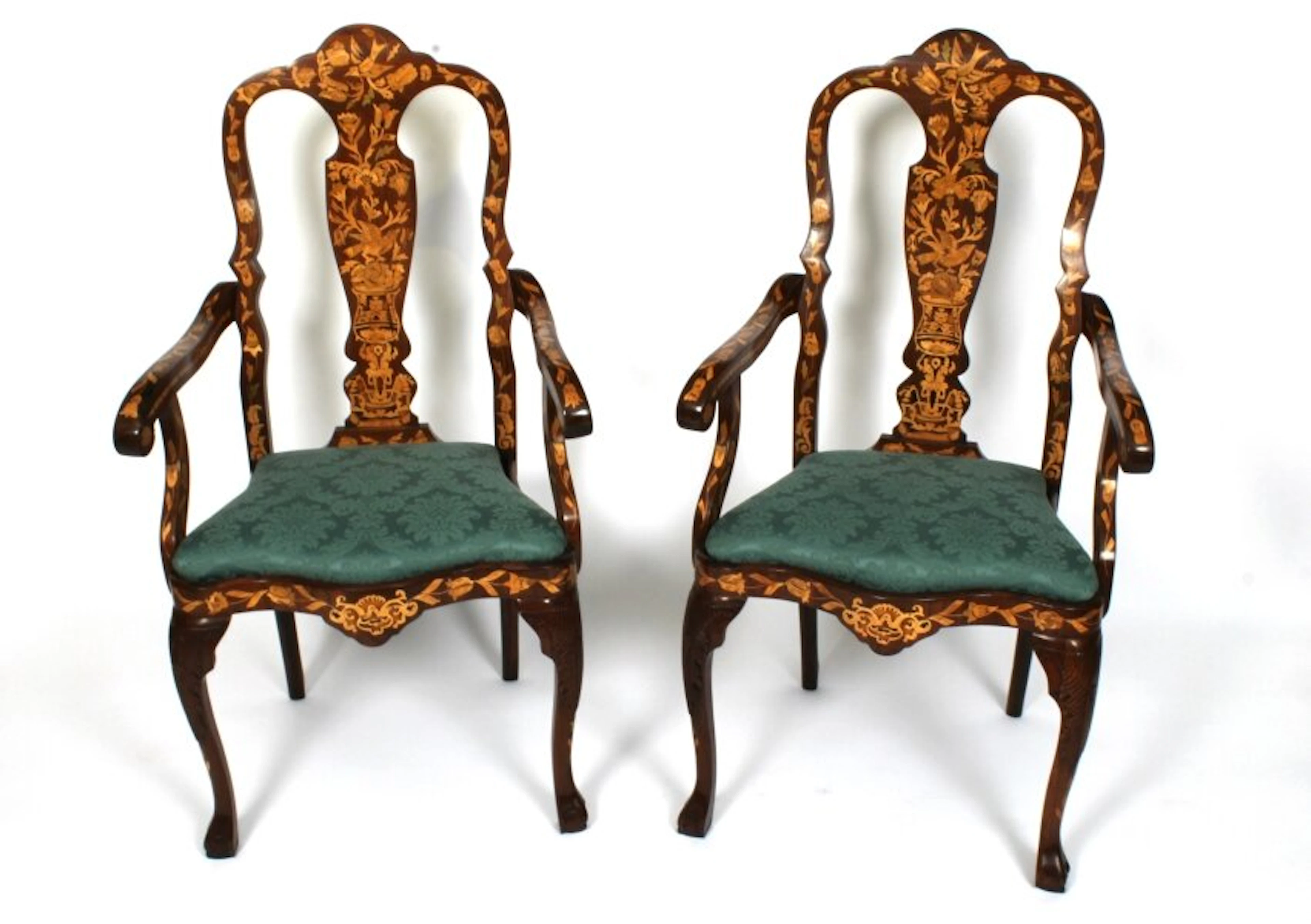 Antique Pair Dutch Marquetry Walnut High Back Armchairs Late 18th C