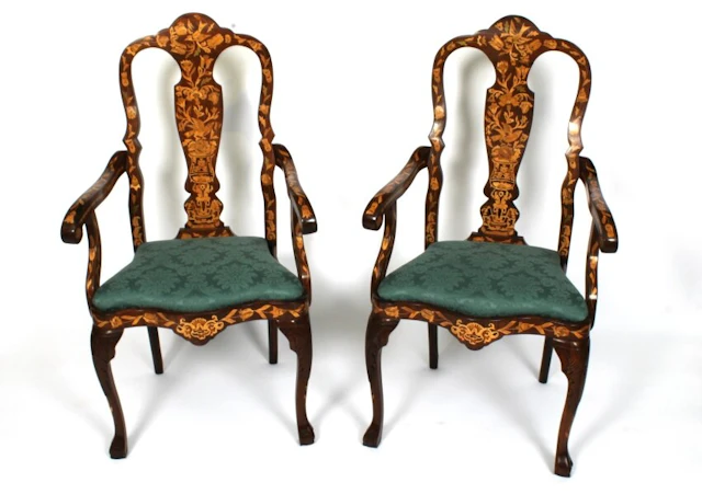 Antique Pair Dutch Marquetry Walnut High Back Armchairs Late 18th C