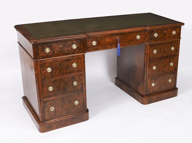 Antique Victorian Burr Walnut Twin Pedestal Desk C1860 19th C