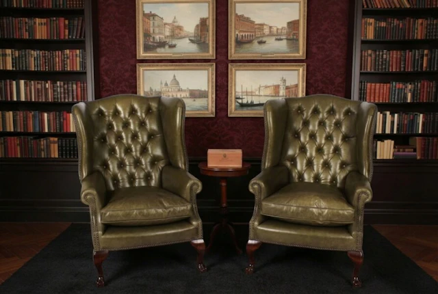 Bespoke Pair Leather Chippendale Wingback Armchairs Alga Green