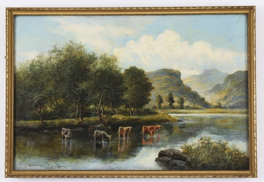 Antique Painting Rural Landscape with Cows William Langley 19th C