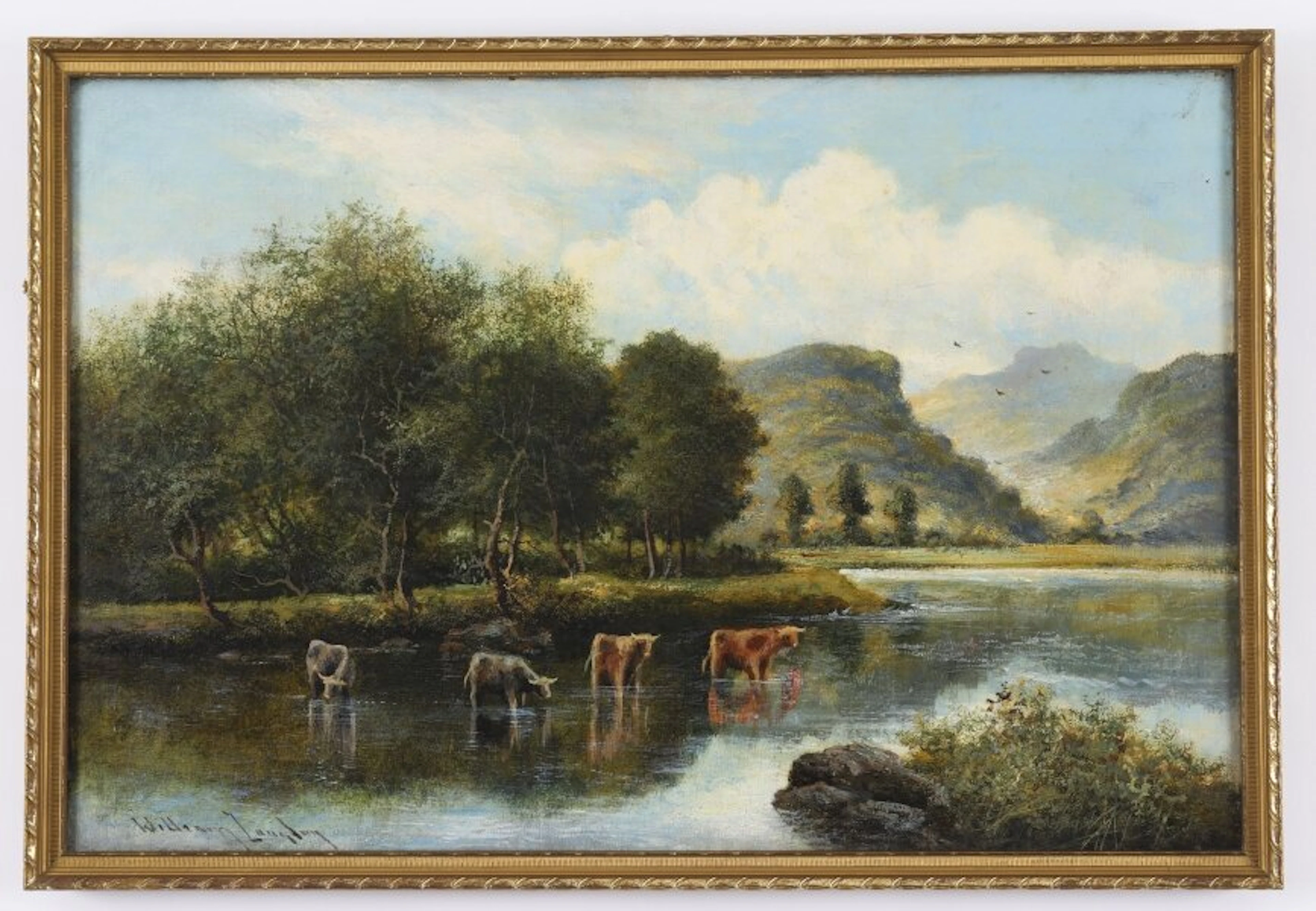 Antique Painting Rural Landscape with Cows William Langley 19th C