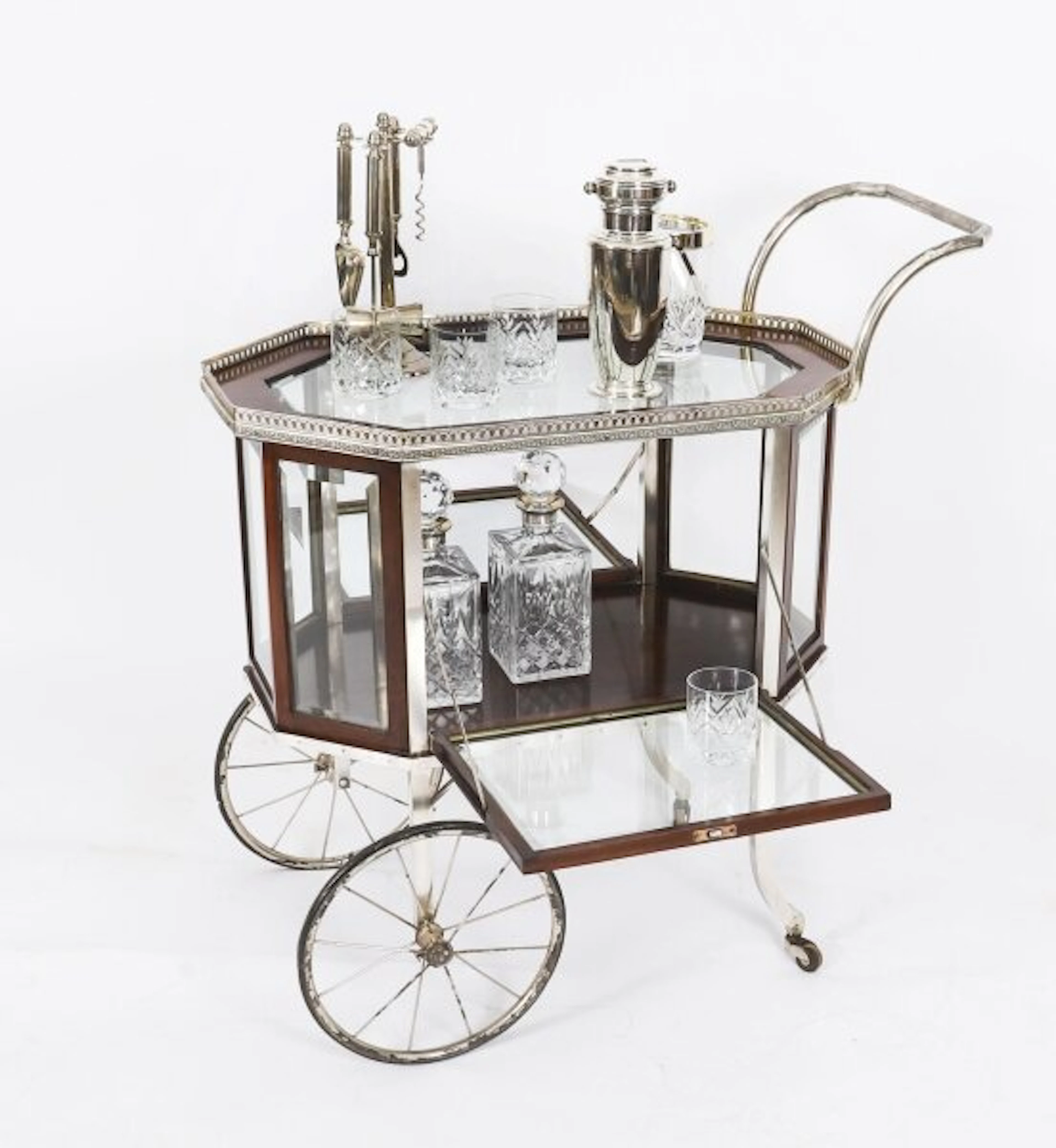Antique French Art Deco Gilded Bar Cart / Serving Trolley Circa 1920 20th C