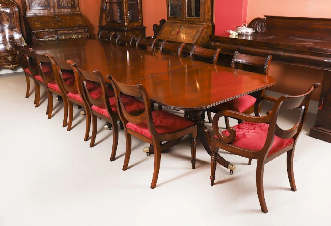 Antique 13ft Regency Triple Pillar Dining Table Circa 1900 &14 Swag back Chairs