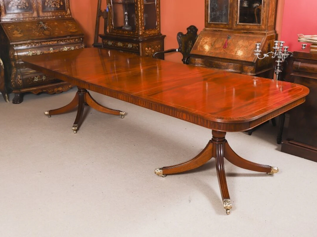 Vintage 10ft3" Regency Revival Twin Pillar Flame Mahogany Dining Table 20th C