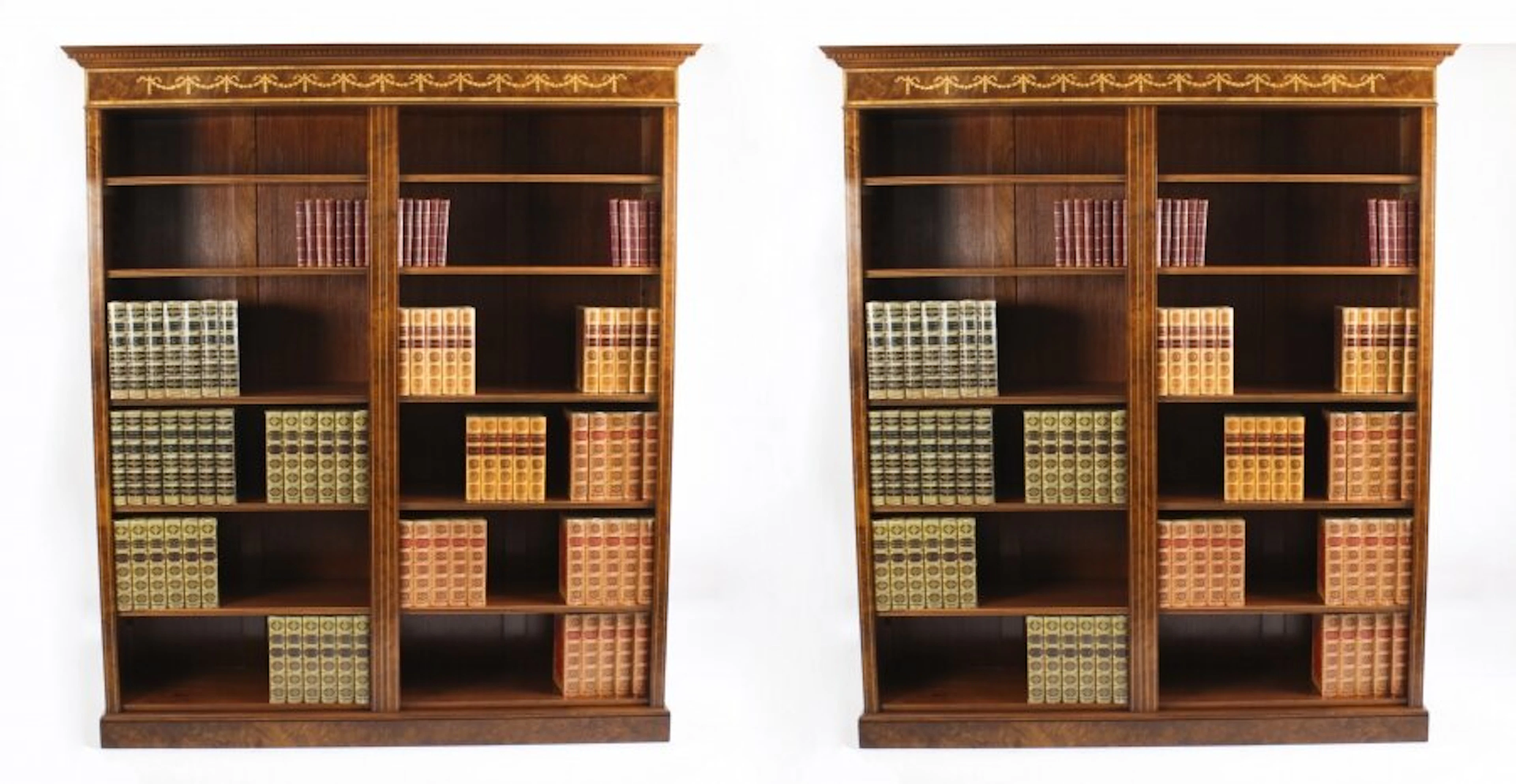 Bespoke Pair Sheraton Revival Inlaid Walnut Open Bookcases