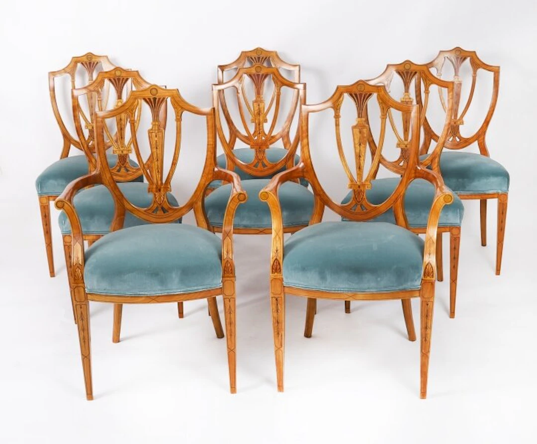 Antique Set 8 Shieldback Satin wood Dining Chairs Cowtan & Sons 19th C