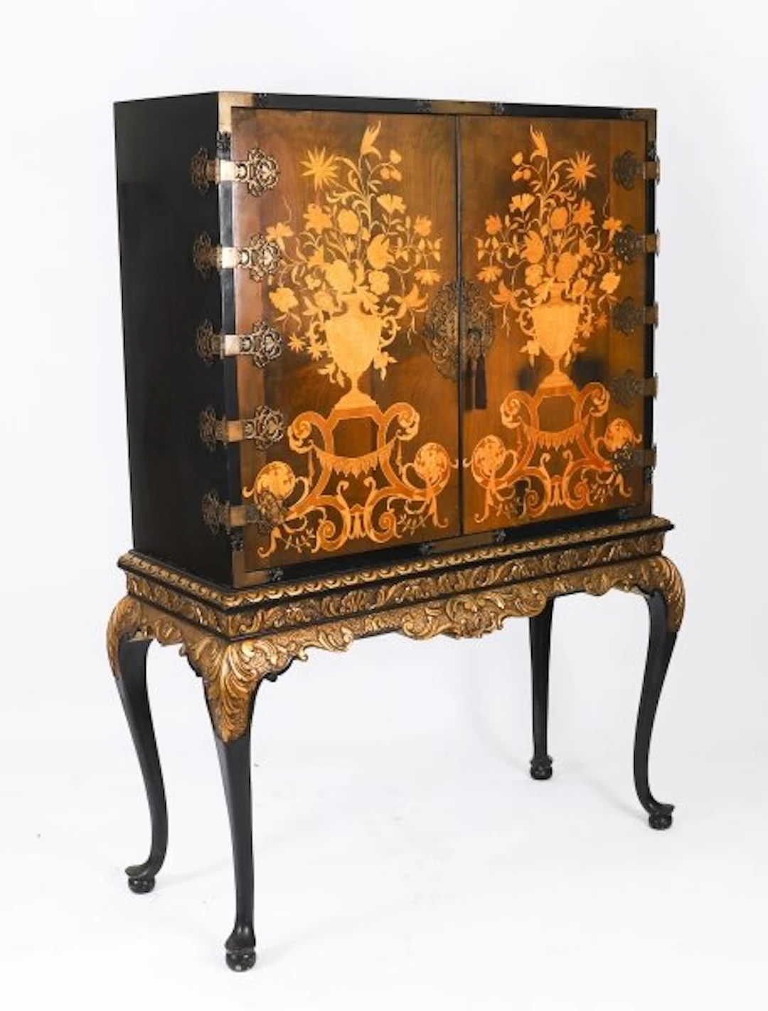 Antique Black Lacquered Marquetry Cocktail Cabinet on Stand 20th C