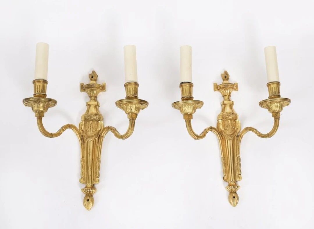 Antique Pair of French Louis Revival 2 Branch Ormolu Wall Lights C1880