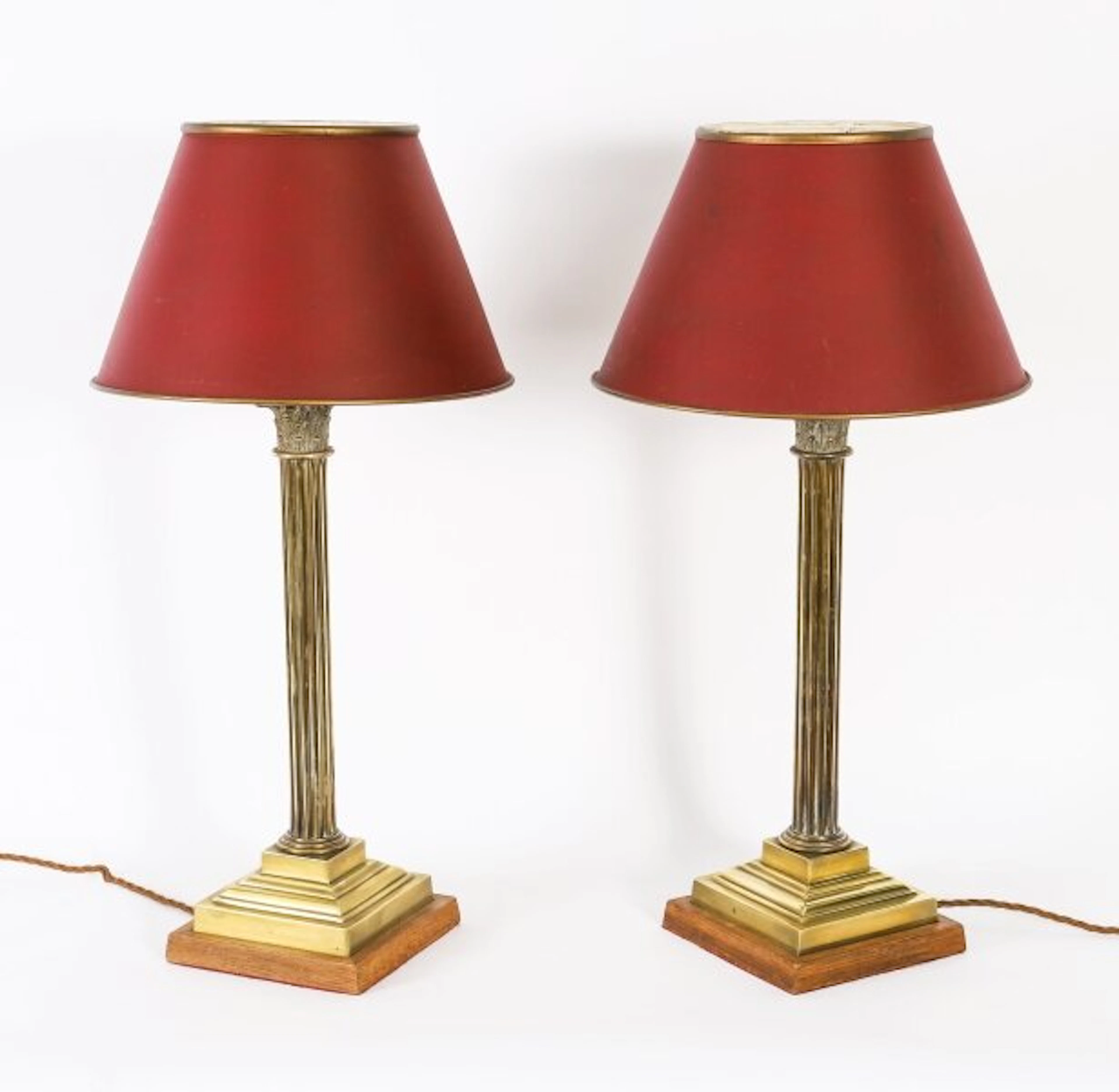 Antique Pair Brass Corinthian Column Table Lamp Lste 19th Century