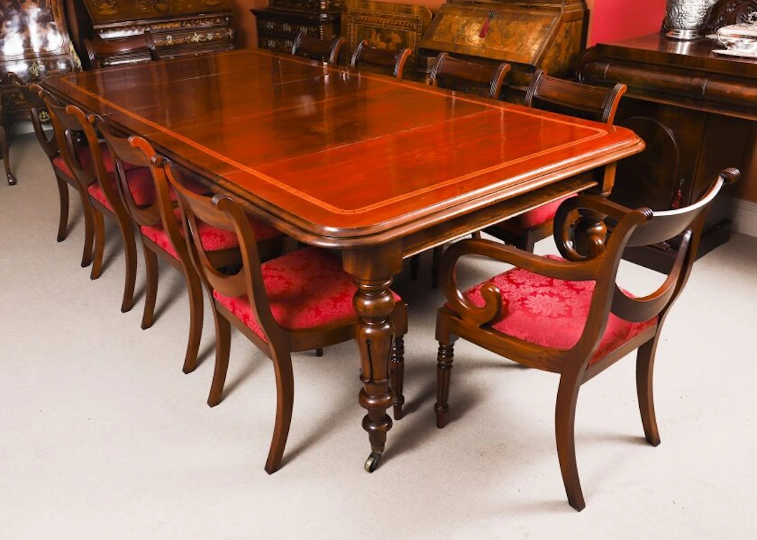 Antique Flame Mahogany Extending Dining Table 19th C & 10 Swag Back Chairs