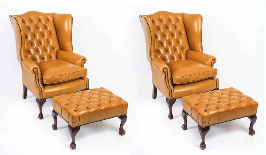 Bespoke Pair Leather Chippendale Wingback Armchairs & Pair Stools Saddle