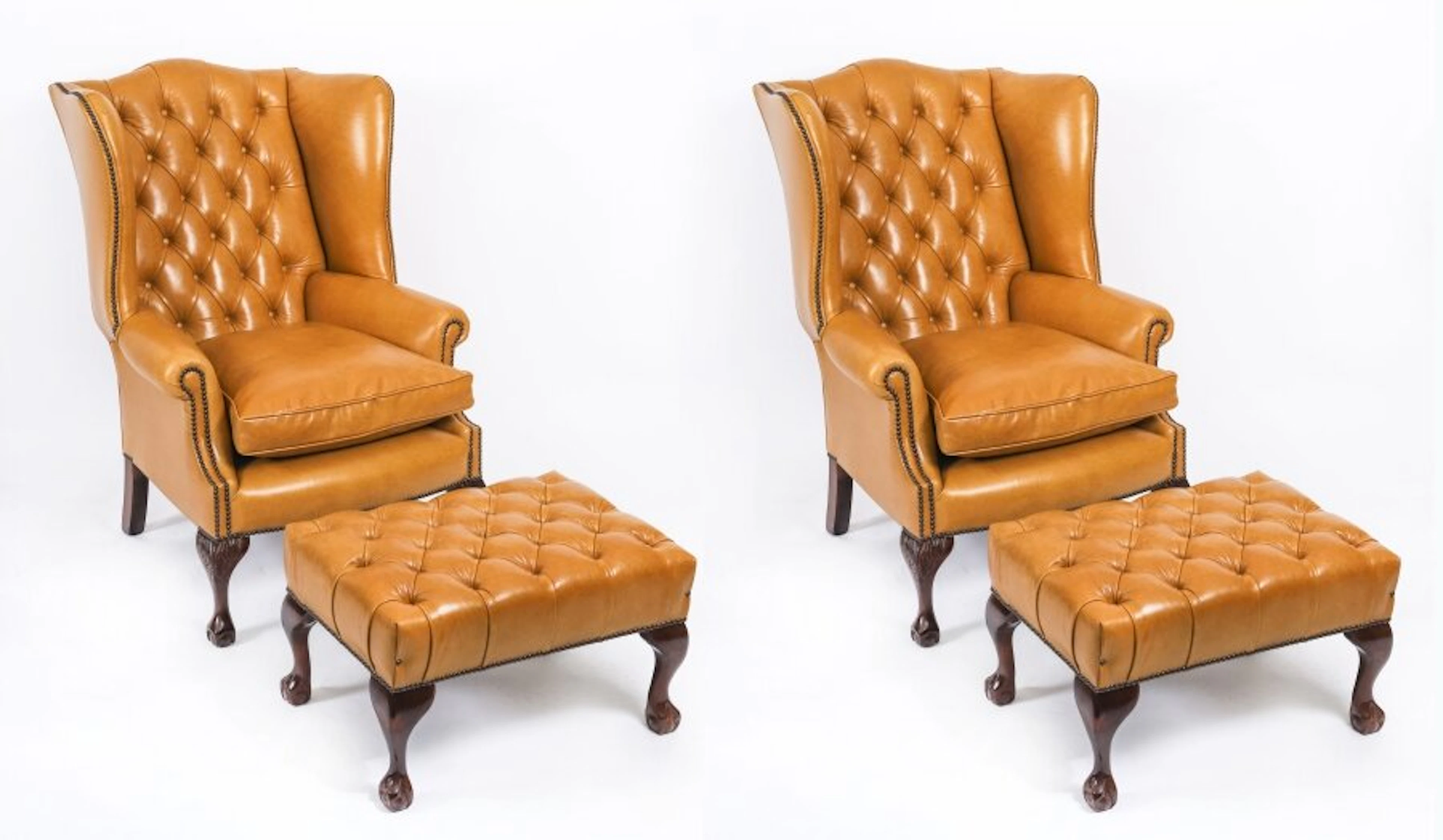 Bespoke Pair Leather Chippendale Wingback Armchairs & Pair Stools Saddle