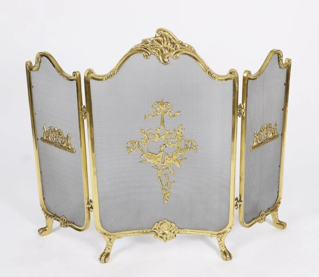 Antique French Rococo Flaming Torch Gilt Bronze Triple Fire Screen C1870