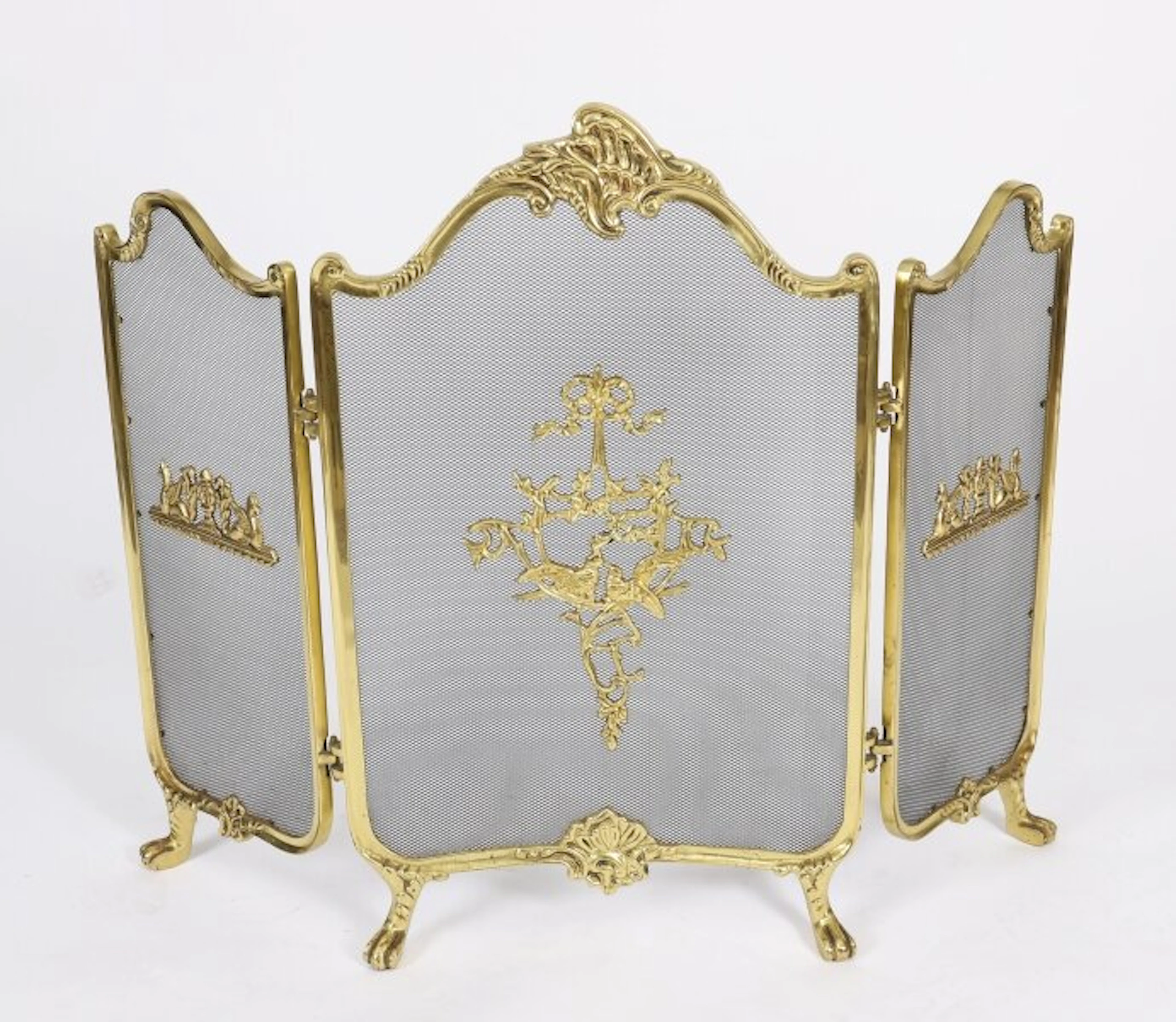 Antique French Rococo Flaming Torch Gilt Bronze Triple Fire Screen C1870