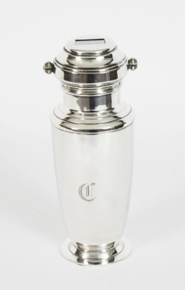 Antique Art Deco Silver Plated Cocktail Shaker With Rolling Mixer Recipes C1920