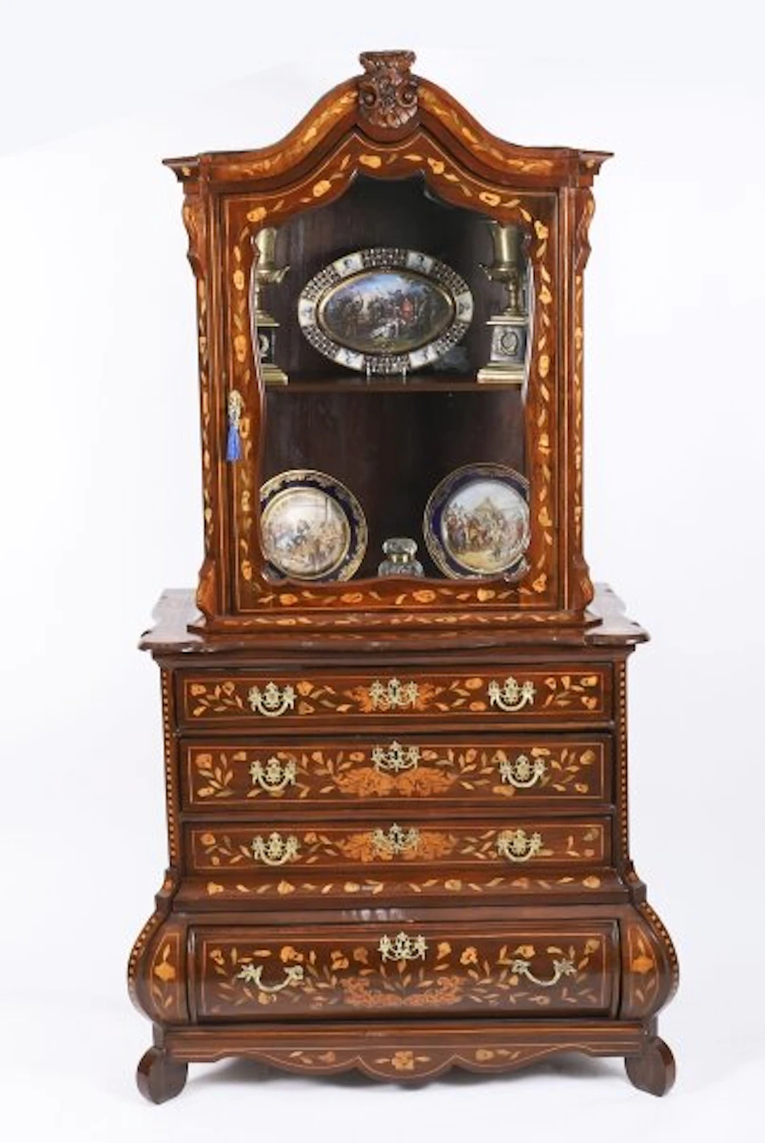 Antique Dutch Marquetry Walnut Cabinet on Chest 18th Century